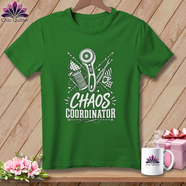 Green t-shirt with "Chaos Coordinator" and sewing tools graphic.