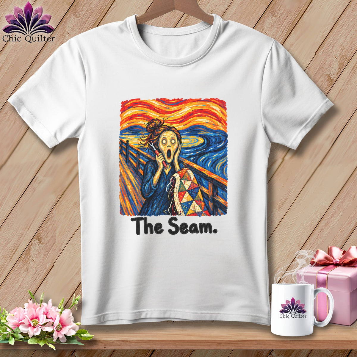 T-shirt with "The Scream" parody featuring a quilter holding a needle and quilt.