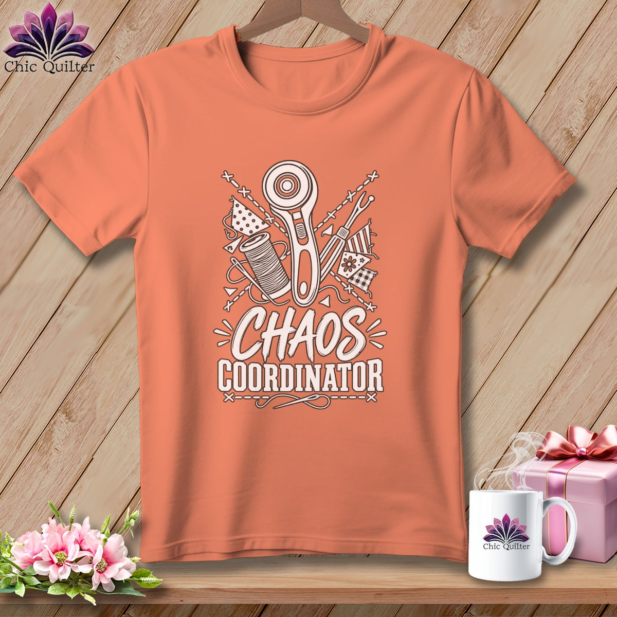 Orange t-shirt with "Chaos Coordinator" design featuring sewing supplies.