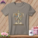 Skeleton filled with fabric, scissors, and pumpkins, text 
