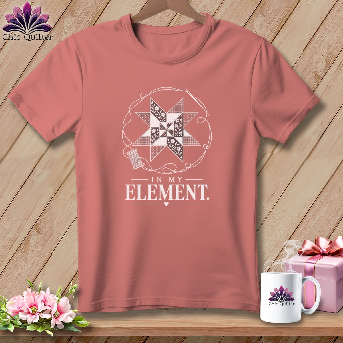 Salmon t-shirt with quilted star graphic and "In My Element." text.