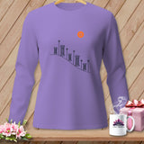 Purple long-sleeve shirt with thread spools and button graphic.