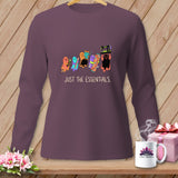 Purple long-sleeve shirt with cartoon ghosts holding sewing essentials and text 
