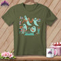 Ghosts sewing and quilting on a khaki t-shirt with a wooden background.