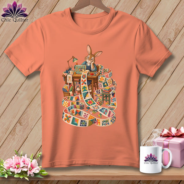 T-shirt with cartoon rabbit sewing a colorful quilt on an orange shirt.