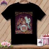 Black t-shirt graphic with a fortune teller and ghost with text 