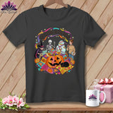 Halloween quilting design with skeletons, mummies, pumpkins, and a black cat.