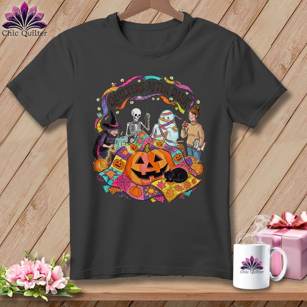 Halloween quilting design with skeletons, mummies, pumpkins, and a black cat.