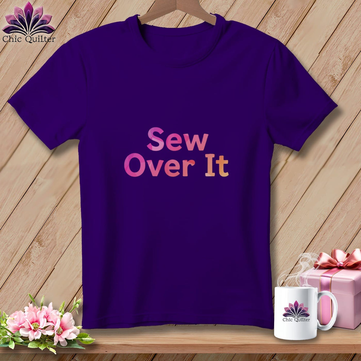 Purple t-shirt with pink and orange "Sew Over It" text, logo, gift, and flowers.