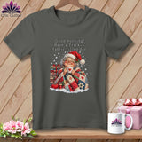 Dark gray t-shirt with a graphic of an elderly woman in a Santa hat holding a mug.