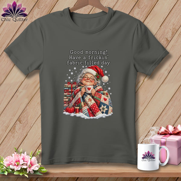 Dark gray t-shirt with a graphic of an elderly woman in a Santa hat holding a mug.