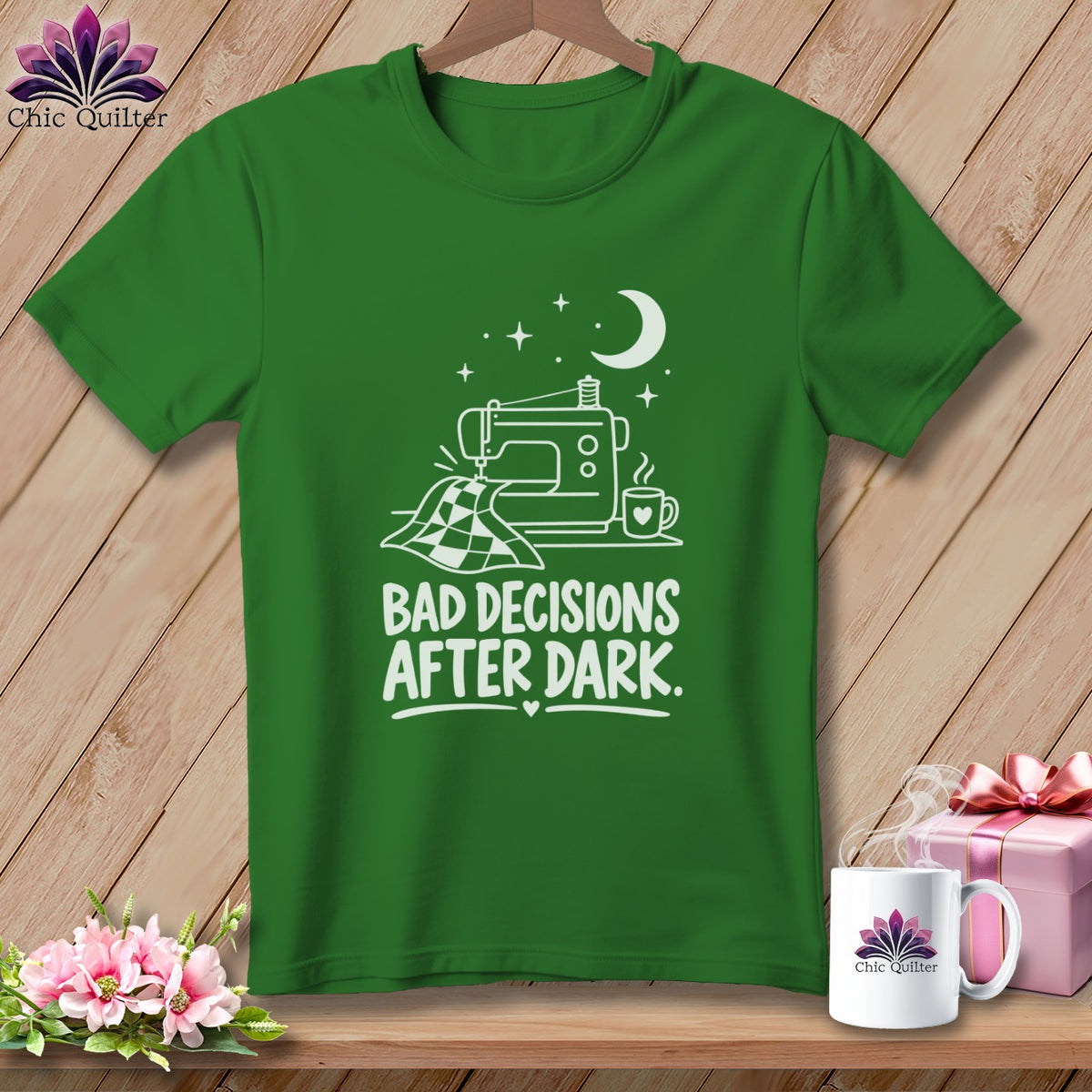 Green t-shirt with sewing machine, moon, and text "Bad Decisions After Dark."