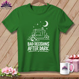 Green t-shirt with sewing machine, moon, and text 