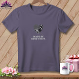 Purple t-shirt with a patchwork heart graphic and 