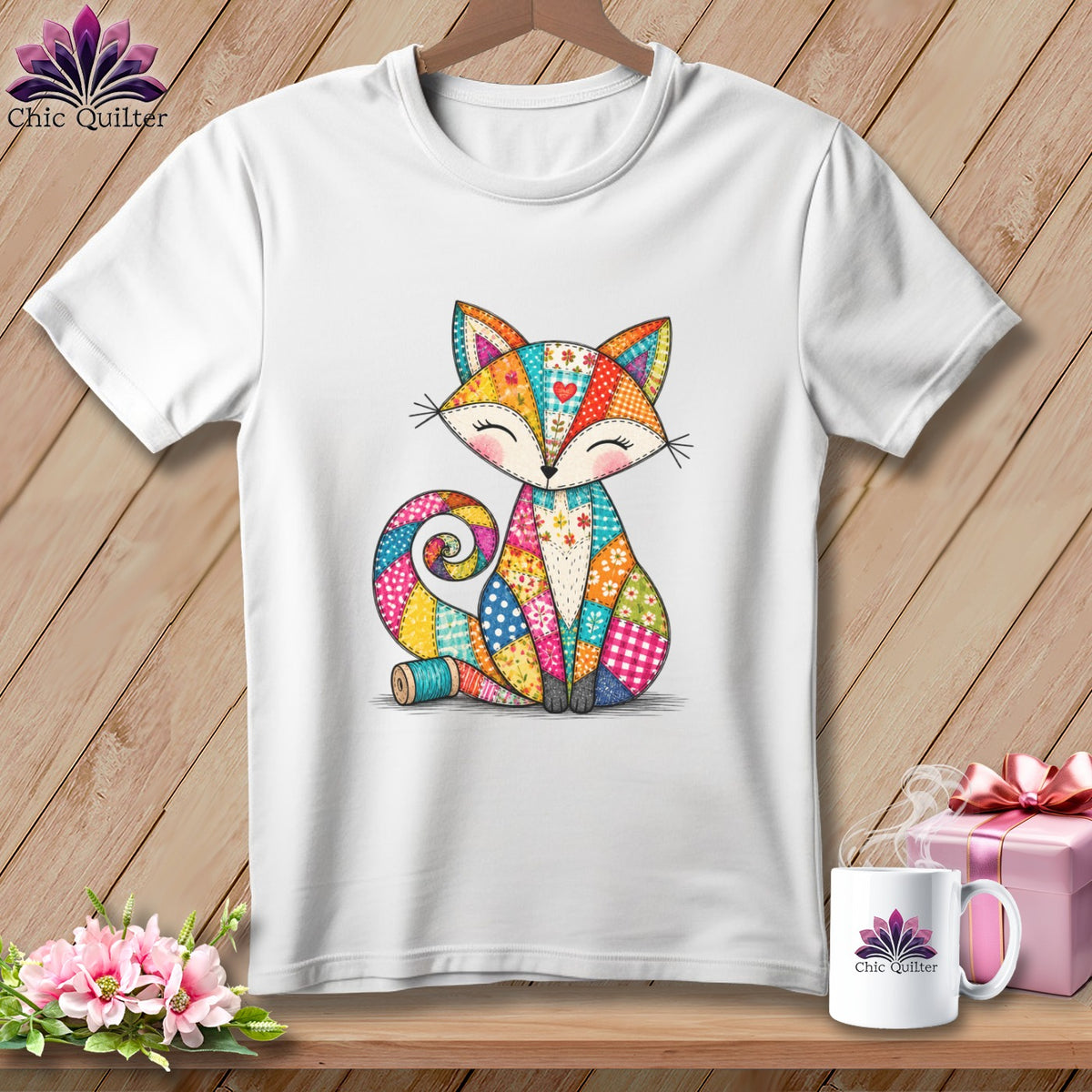 White t-shirt displayed on a wooden surface with a colorful patchwork fox graphic.