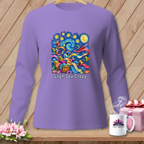 Purple long-sleeve shirt with "Gogh Sew Crazy" graphic and Chic Quilter mug.