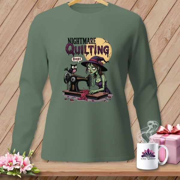 Zombie witch sewing with an owl under the "Nightmare Quilting" text.