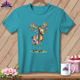 Teal t-shirt featuring a cartoon moose wearing a quilt and decorated antlers on a wooden background.