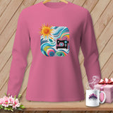 A pink long-sleeved shirt with a square quilted graphic of a sewing machine and sun.