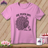 Pink t-shirt with a vintage illustration of a peacock, a smaller bird, and the text OH, PLUCK OFF!
