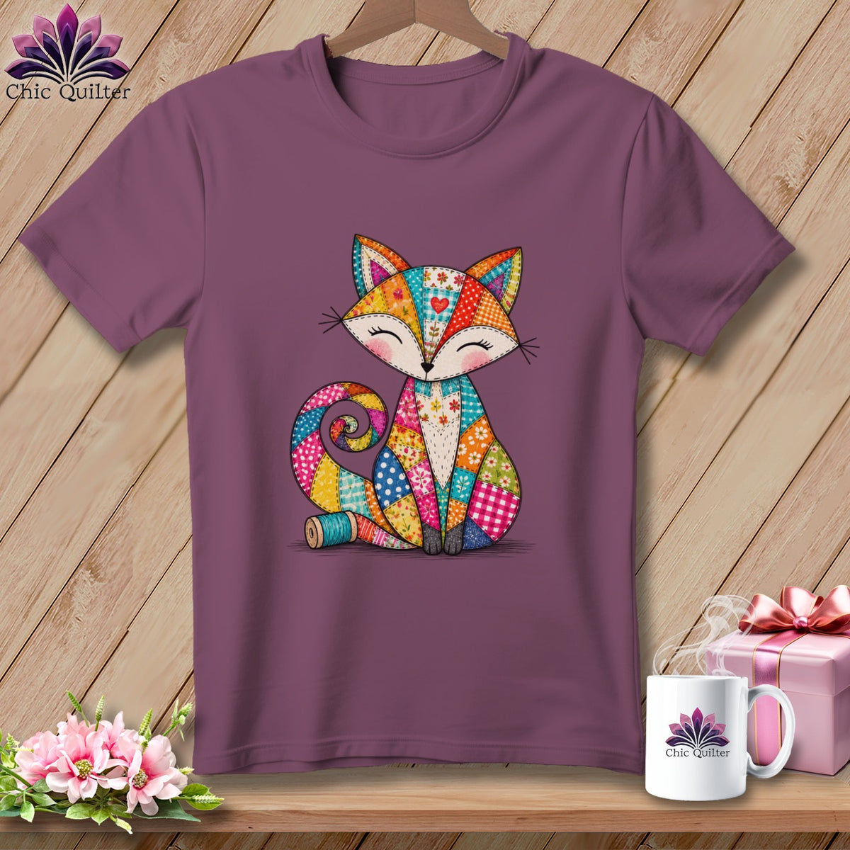 Purple crewneck t-shirt featuring a colorful patchwork fox graphic, displayed on a wooden surface.