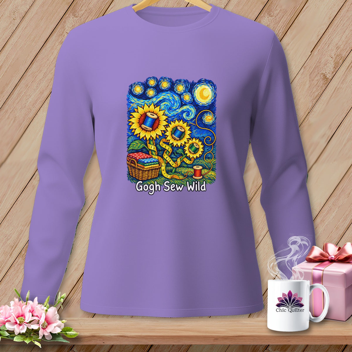Purple long-sleeve shirt with a sunflower and sewing supplies design, reading "Gogh Sew Wild".
