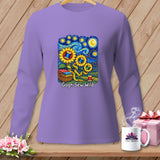 Purple long-sleeve shirt with a sunflower and sewing supplies design, reading 
