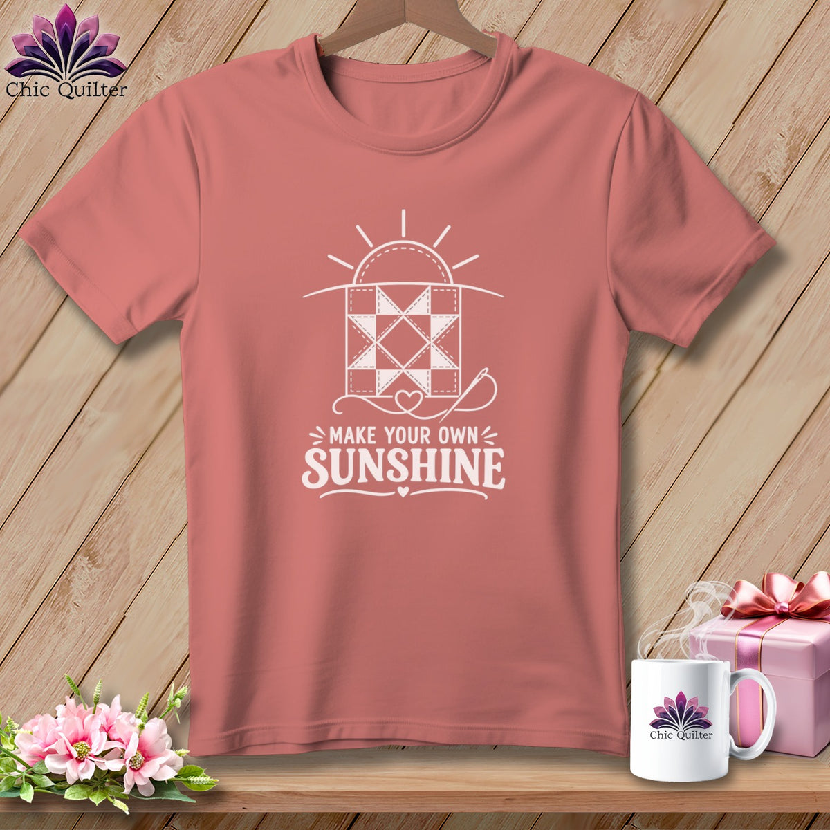 T-shirt with "Make Your Own Sunshine" text and quilting design.