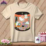 Ghosts sewing and hanging while holding a 