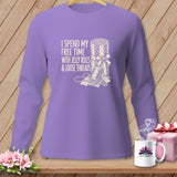 Purple long-sleeve shirt with text 
