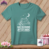 Teal t-shirt with white graphic of sewing machine, quilt, and text 