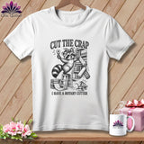 T-shirt with raccoon holding rotary cutter and text 