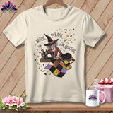 Illustration of a witch sewing a quilt with text 