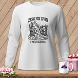 White long-sleeve shirt with a fox sitting by a sewing machine, 