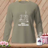Long-sleeve shirt with a broken sewing machine graphic and text 