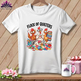 A white t-shirt features a cartoon illustration of chickens quilting with text reading Flock of Quilters.