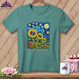 T-shirt with sunflowers, spools of thread, basket, and measuring tape. 