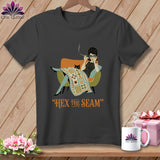 Dark gray t-shirt with a graphic of a woman smoking, a cat, and the text 
