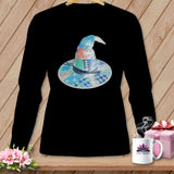 Black long-sleeve shirt with a patchwork witch hat design featuring scissors and a measuring tape.