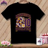 Black t-shirt displaying purple and yellow graphics with stacked quilts, a coffee mug, and text reading Minnesota Quilter.