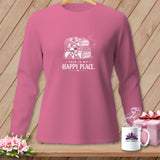 Pink long-sleeve shirt with stacked quilts graphic and text 