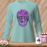 Light blue long-sleeve shirt with a quilted skull graphic and 