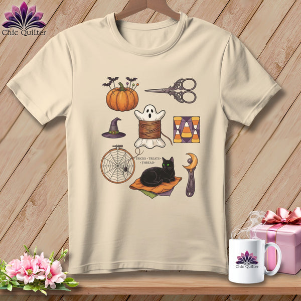 Halloween sewing icons: pumpkin, ghost thread, scissors, cat, and spiderweb.