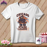 A white t-shirt features a graphic with a bear holding a spool of thread and the text 