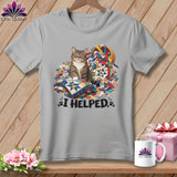 Tabby cat sits on quilts surrounded by fabric scraps and text 