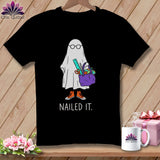 Black t-shirt with a ghost in glasses holding crafting supplies and the text 