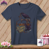 Dark blue t-shirt with ravens, sewing machine, and text 
