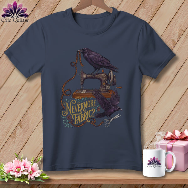 Dark blue t-shirt with ravens, sewing machine, and text "Nevermore Fabric?".