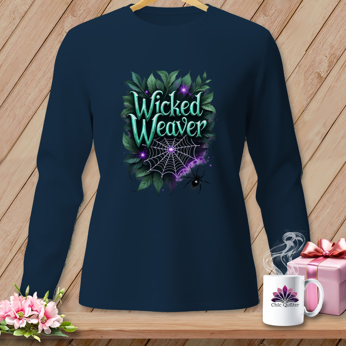 Navy long sleeve shirt with "Wicked Weaver" text, spider web, and spider graphic.