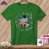 Green t-shirt with a spider sewing and holding coffee, text reads 